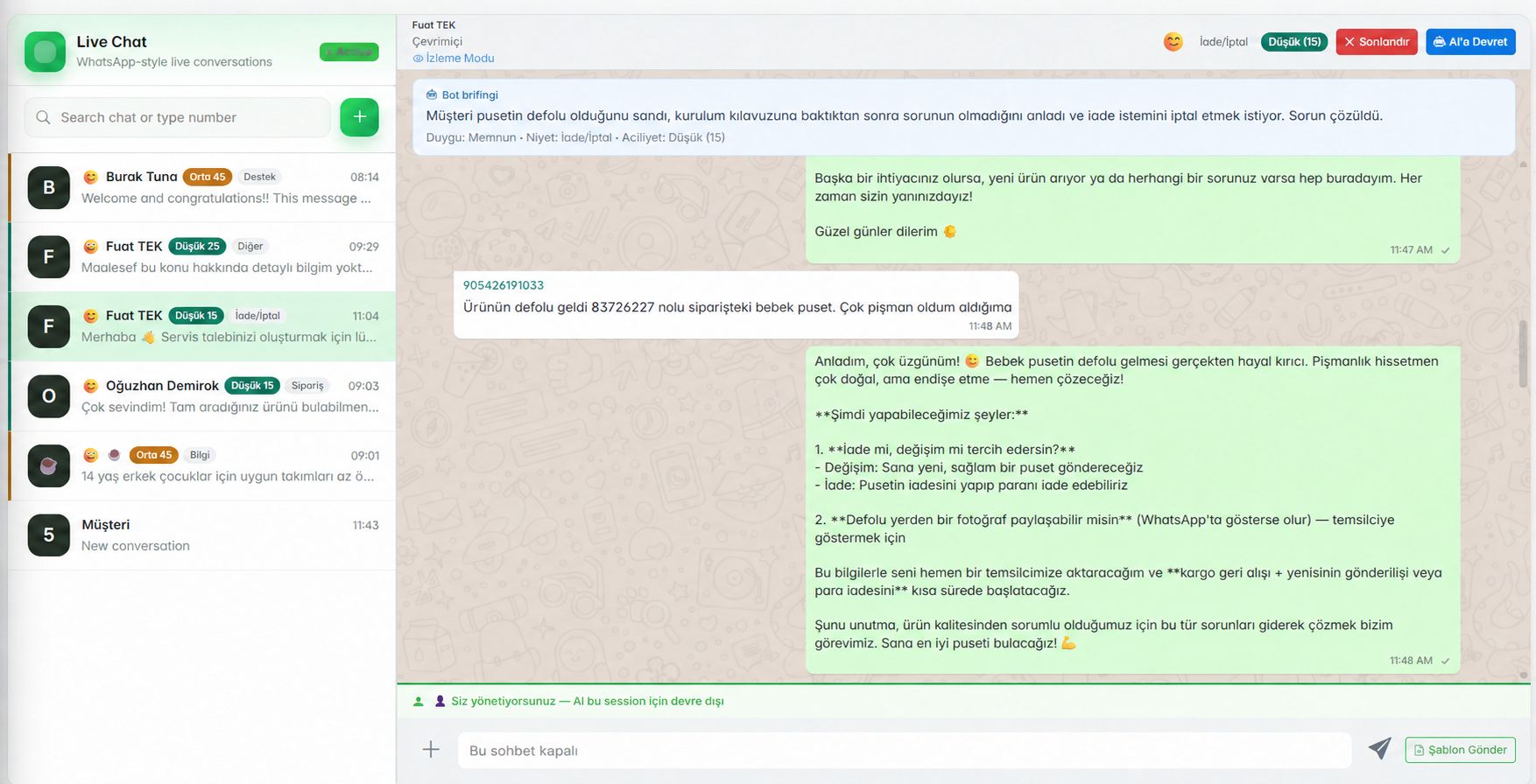Chatopya yapay zeka botunun müşteriye iade/değişim seçenekleri sunması ve görüşme özetini çıkarması