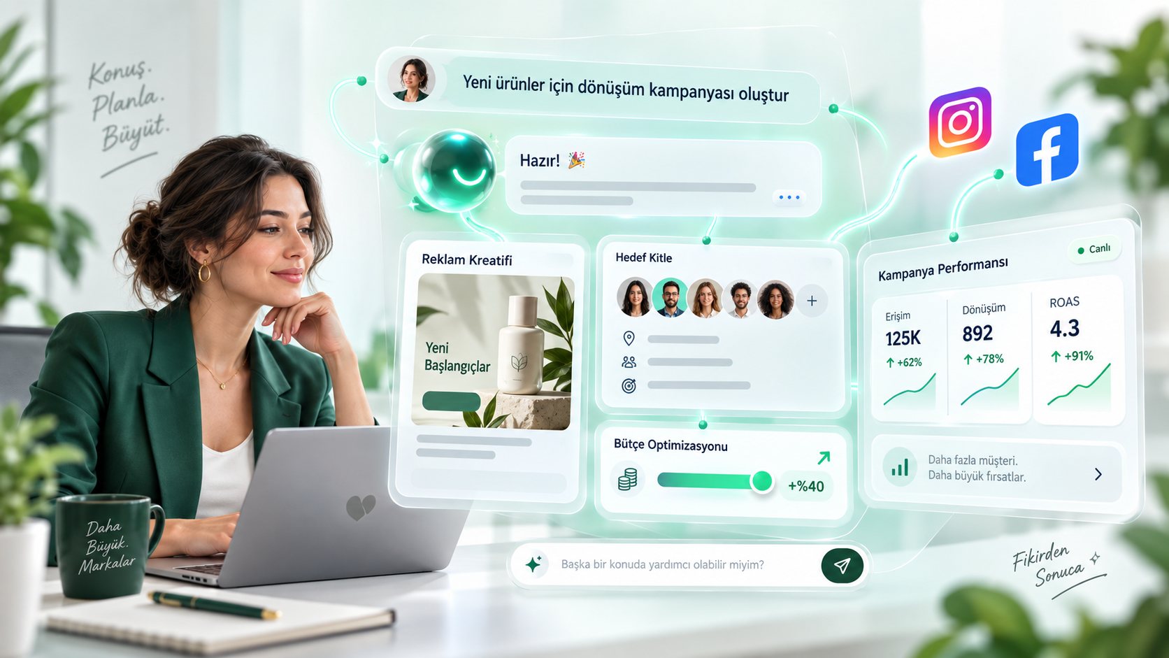 Chatopya Meta Marketing AI ile sohbet ederek Instagram ve Facebook kampanyası oluşturma: reklam kreatifi, hedef kitle, bütçe optimizasyonu ve kampanya performansı