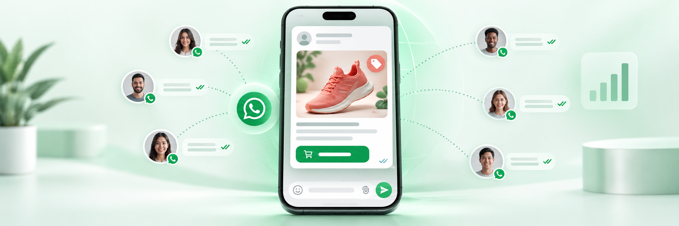 Bir ürün kartıyla gönderilen WhatsApp kampanya mesajının onaylı teslim ikonlarıyla çok sayıda kişiye ulaşması