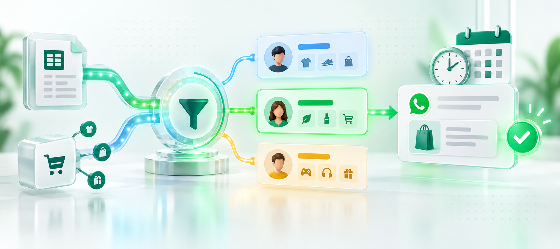 Sipariş ve ilgi alanı verilerine göre segmentlere ayrılan kişi listesinin zamanlanmış WhatsApp gönderimine dönüşmesi