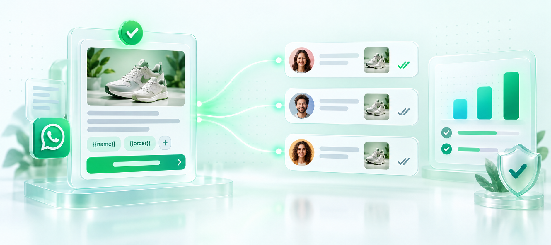 Onaylı bir WhatsApp şablon mesajının {{name}} ve {{order}} değişkenleriyle kişiye özelleştirilip çok sayıda kişiye teslim edilmesi
