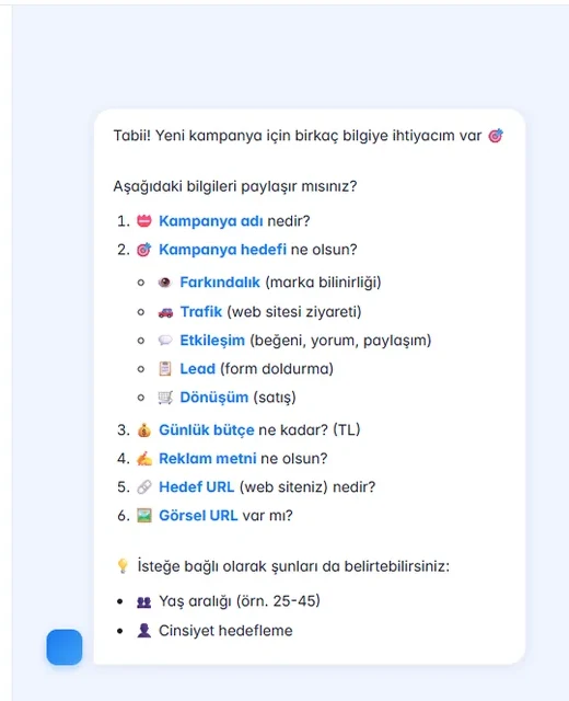 Chatopya Meta Marketing AI ile sohbet ederek yeni kampanya oluşturma ekranı