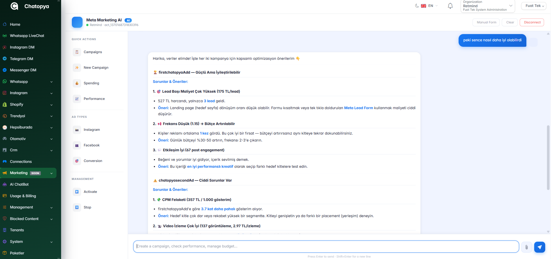 Chatopya Meta Marketing AI Performans Analizi ve Optimizasyon Önerileri