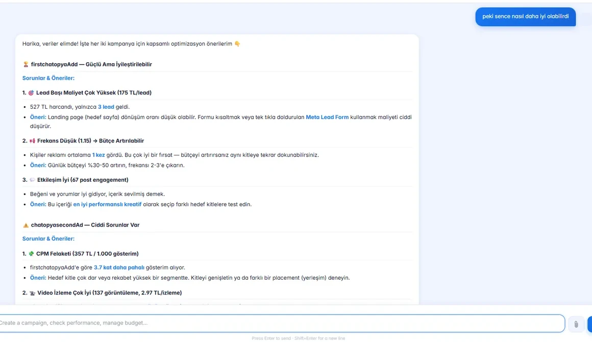 Chatopya Meta Marketing AI performans analizi ve optimizasyon önerileri ekranı