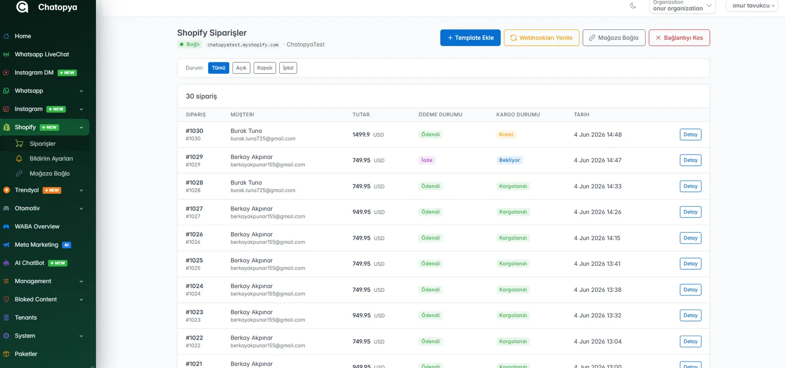 Shopify siparişlerinin Chatopya panelinde listelenmesi